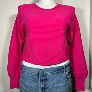 EUC Good American Hot Pink Ribbed Knit Cropped Crew Sweater, One Size Pullover